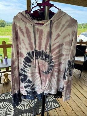 C&C California Tie Dye Hoodie Sweatshirt Size L Mauve Black Swirl Pullover Twist